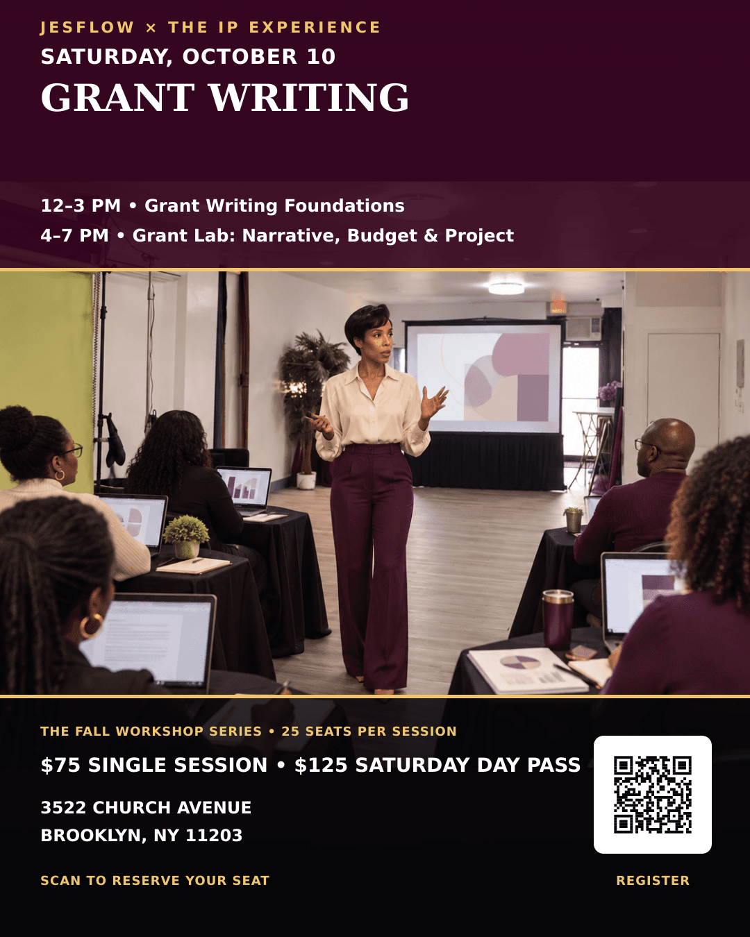 Saturday, October 10 workshop flyer featuring the full schedule, pricing, location, and registration QR code