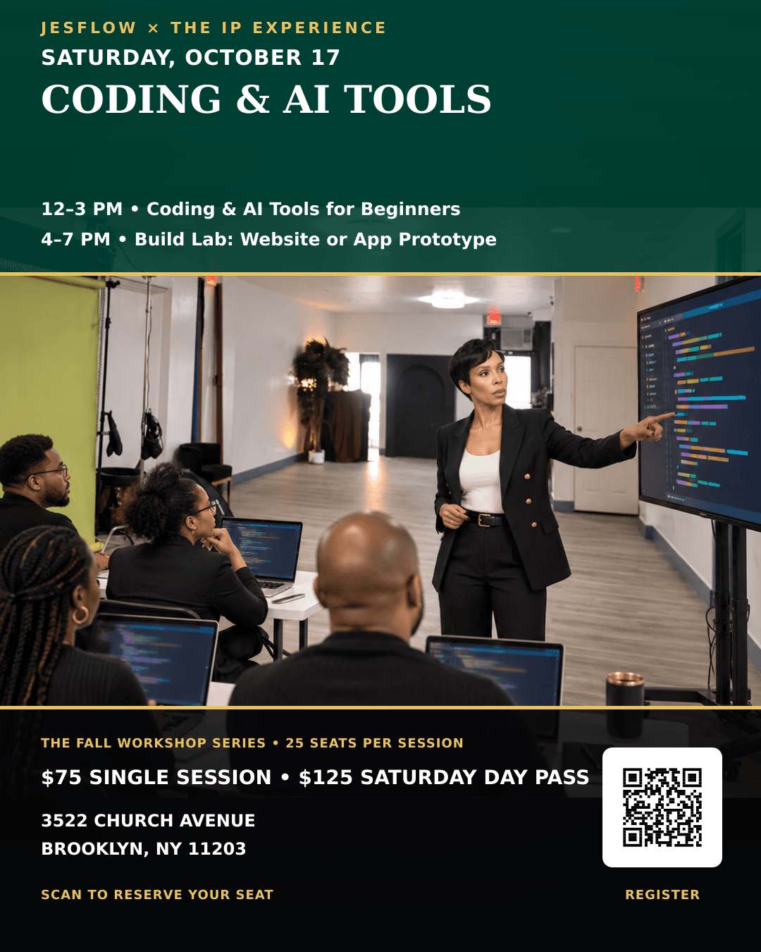 Saturday, October 17 workshop flyer featuring the full schedule, pricing, location, and registration QR code