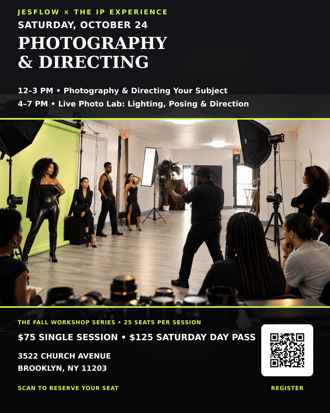 Saturday, October 24 workshop flyer featuring the full schedule, pricing, location, and registration QR code