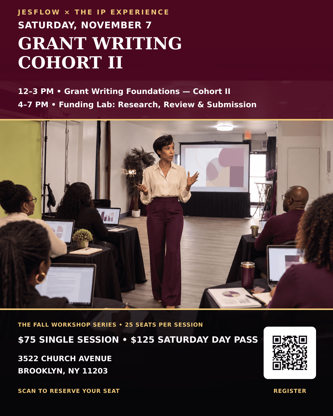 Saturday, November 7 workshop flyer featuring the full schedule, pricing, location, and registration QR code