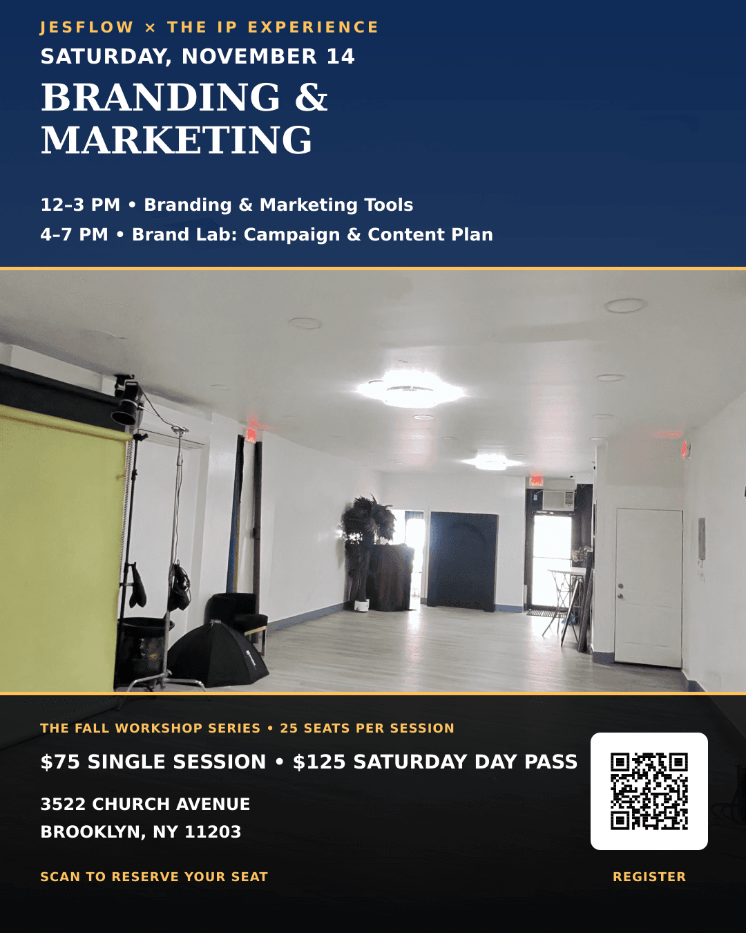 Saturday, November 14 workshop flyer featuring the full schedule, pricing, location, and registration QR code