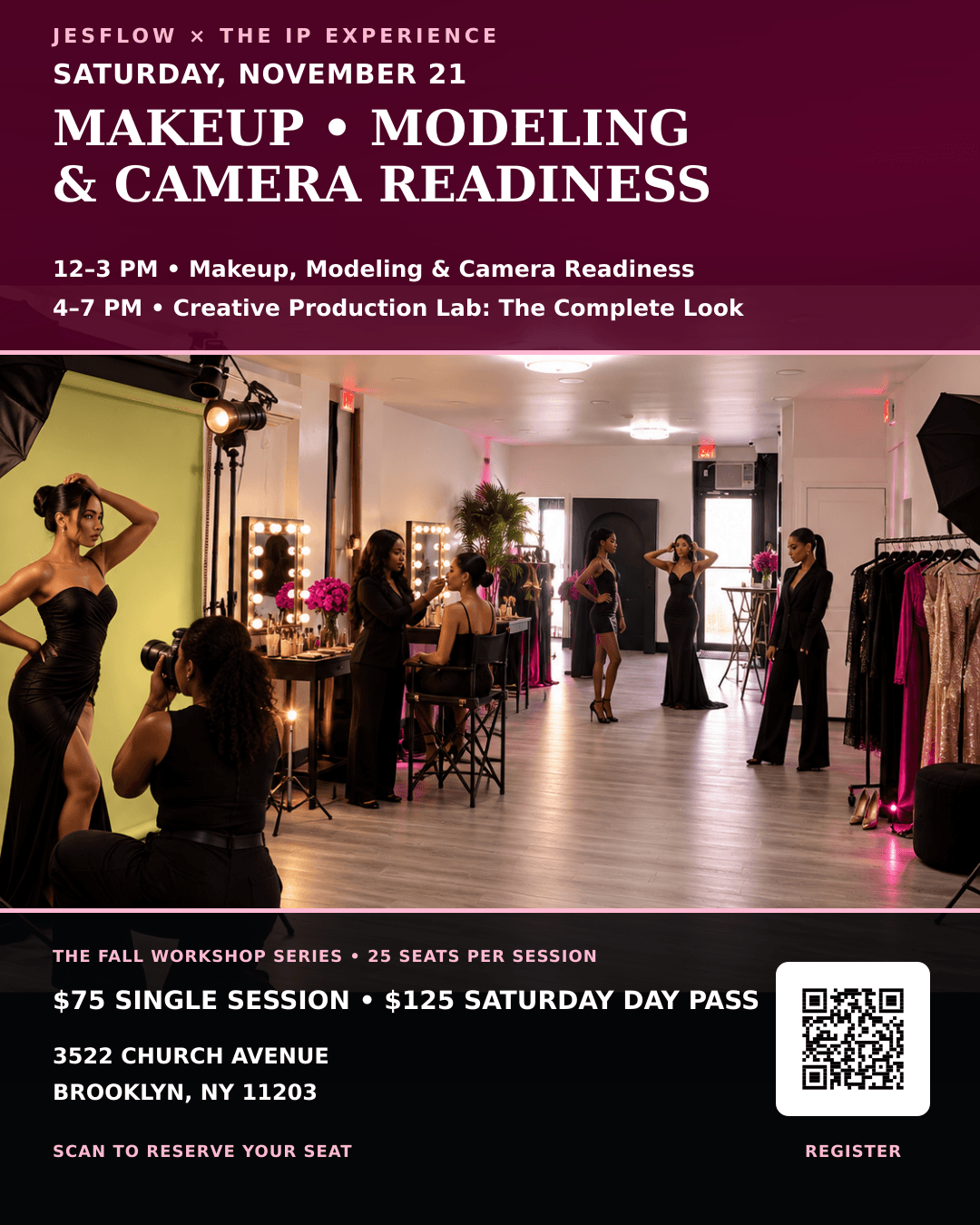 Saturday, November 21 workshop flyer featuring the full schedule, pricing, location, and registration QR code