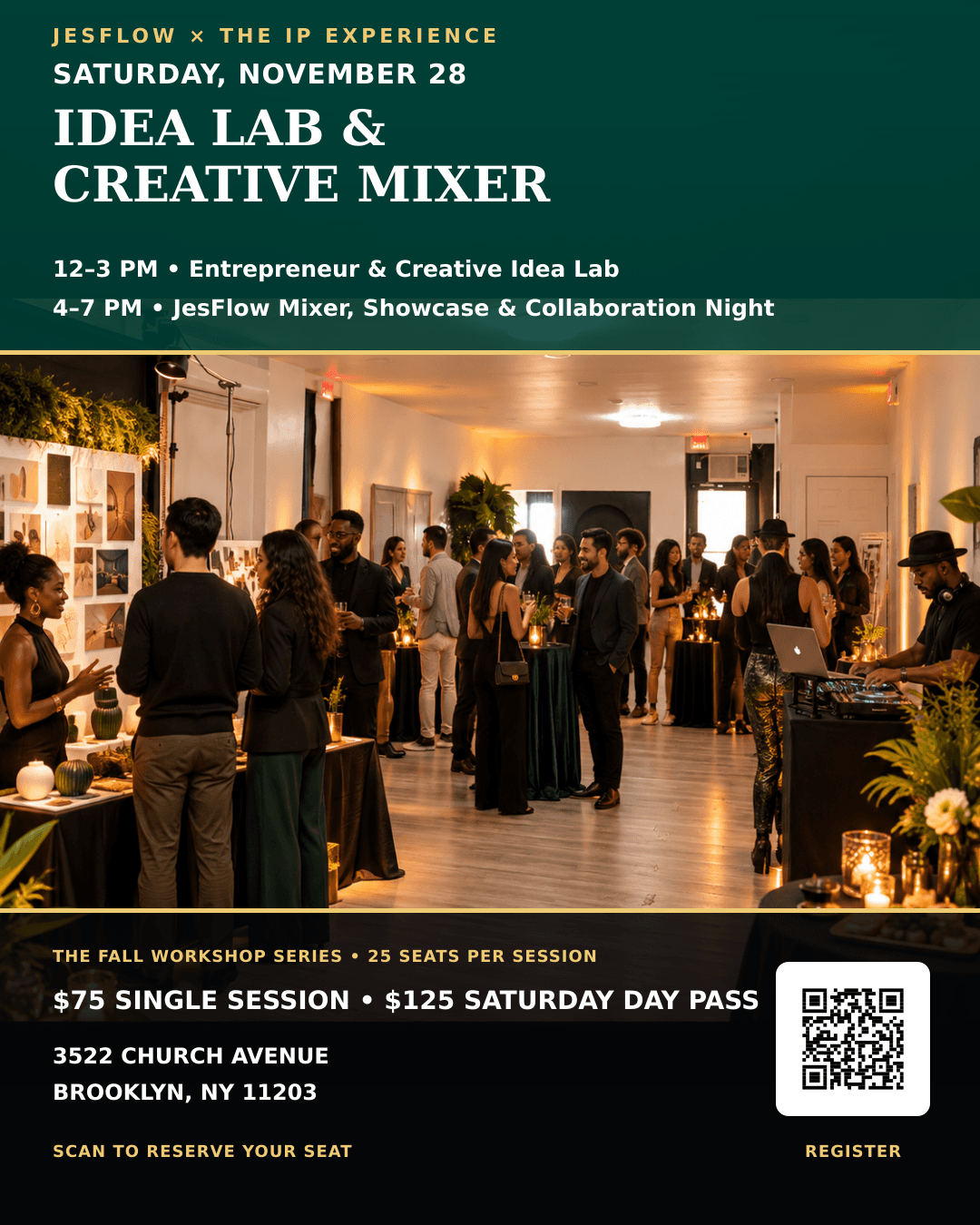 Saturday, November 28 workshop flyer featuring the full schedule, pricing, location, and registration QR code